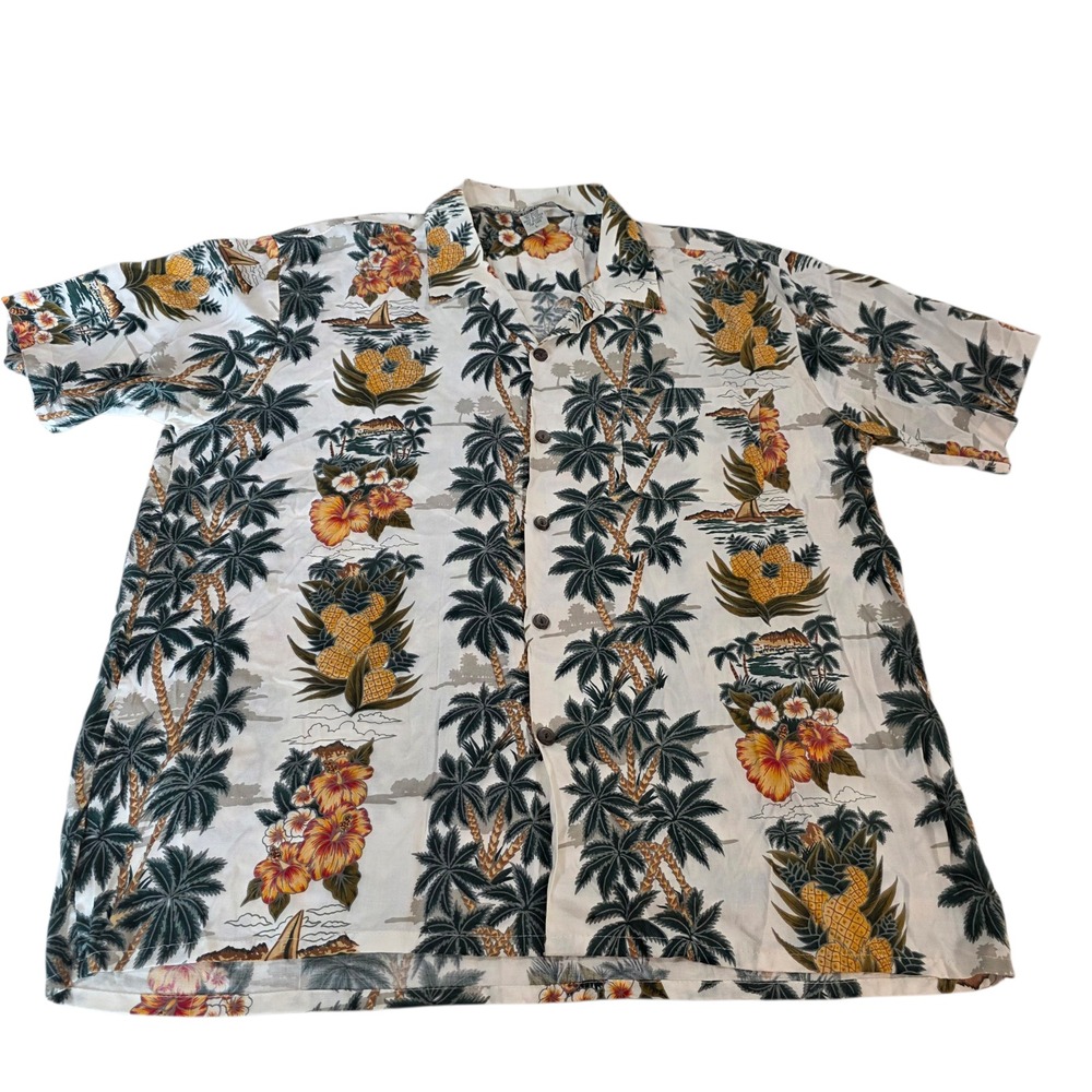 Pineapple‎ Connection Button Up Top Mens White L Floral Hawaiian Tropical Summer